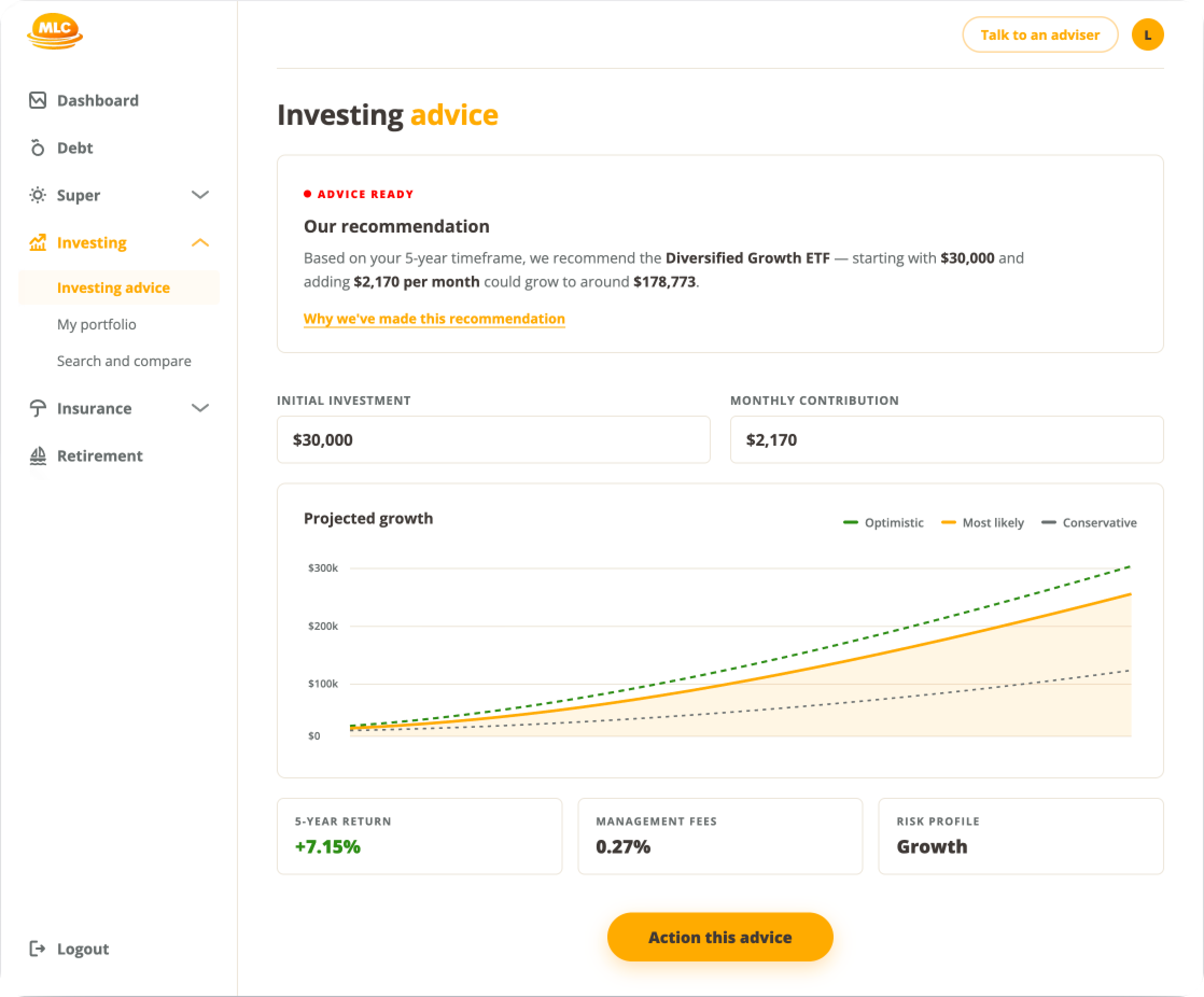Screenshot of an MLC-branded Otivo experience, showing a recommended investment switch and a 'Contact my adviser' button.